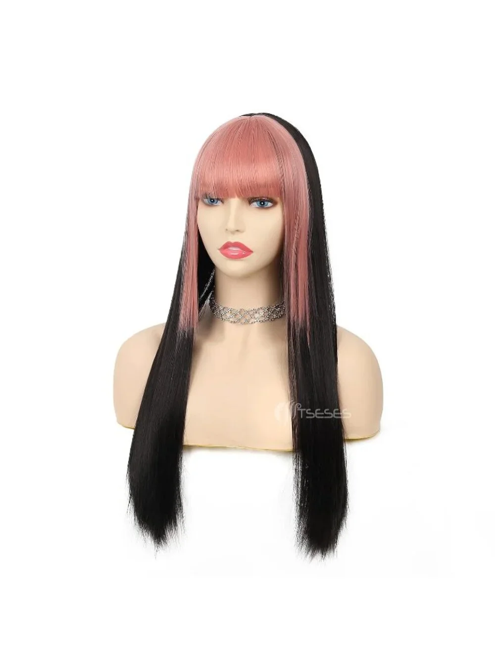 Women's Pink Black Long Curly Wig With Wavy Synthetic Cosplay Halloween Wig
